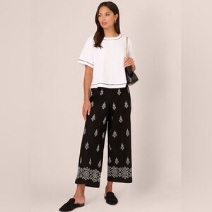 Adrianna Papell All-Over 100% Cotton Embroidered Wide Leg Trousers Size 12 Black